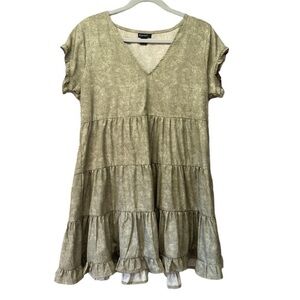 Style House Ruffle Cap Sleeve Tiered Stone Wash V Neck Dress Sz L Green